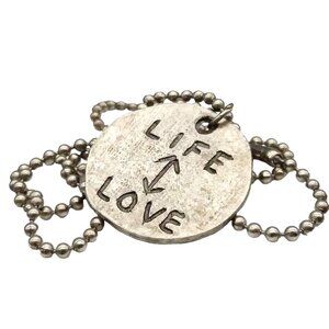 Vintage Silver Life Love Medallion Pendant on Ball Chain, Retro Grunge